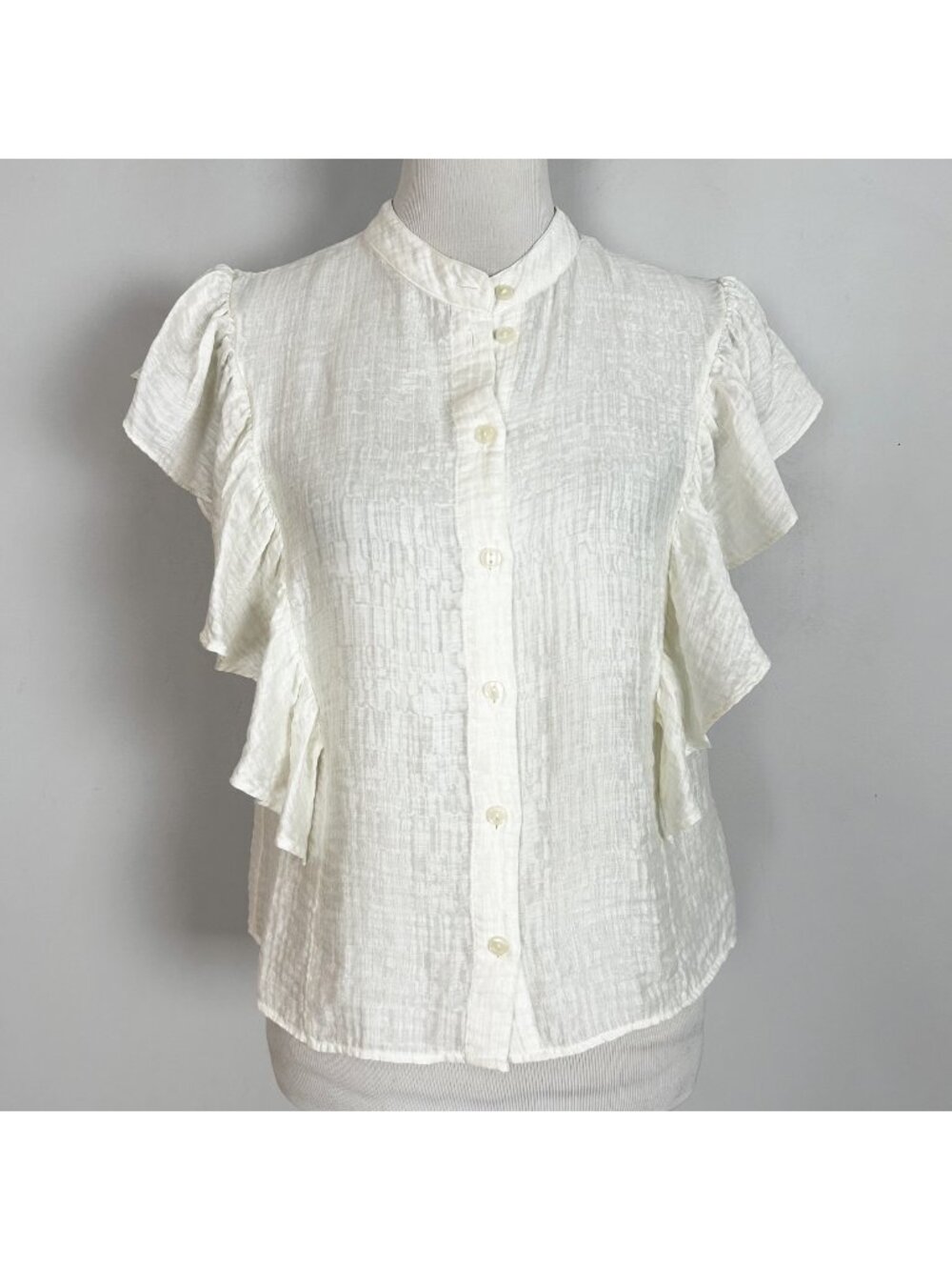 H&M Ivory Crinkly Ruffle Sleeve Top Button Front Fairy Lightweight Size Small Wo